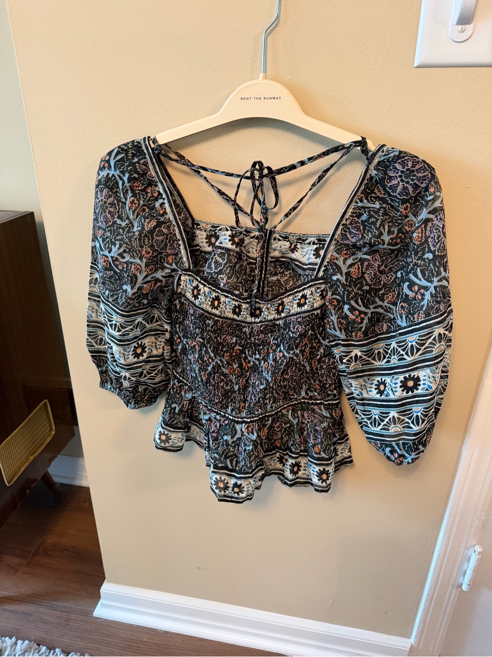 Sea New York Black Floral Smocked Top with Blue and Cream Accents